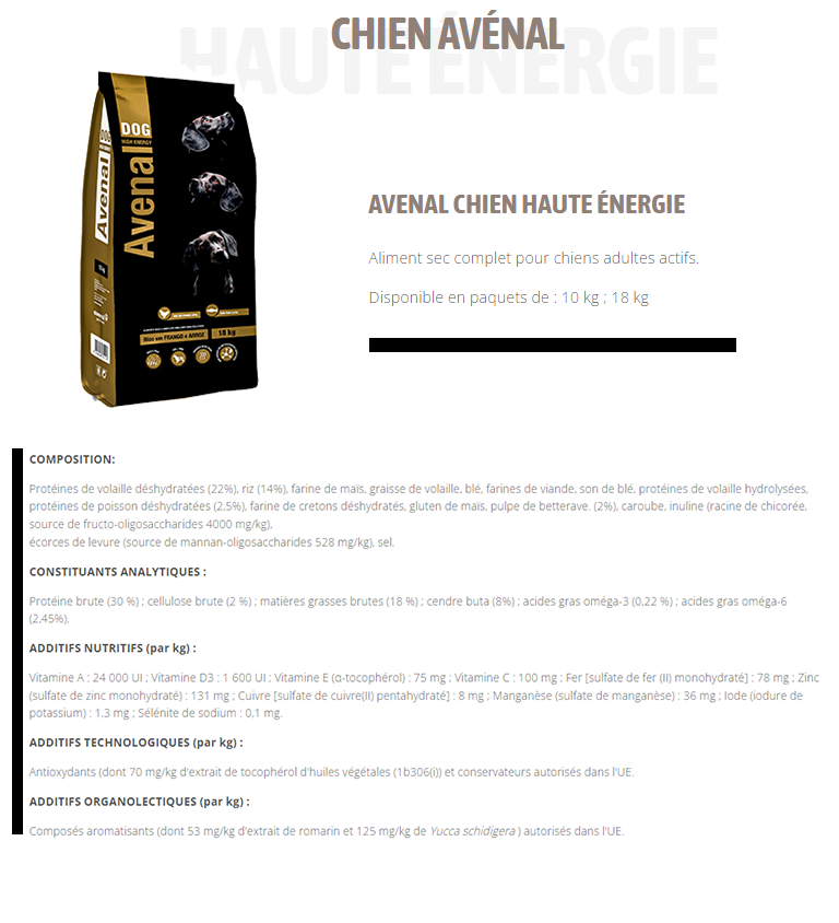  Avenal Chien Haute Énergie 18 KG Alimentation Chien